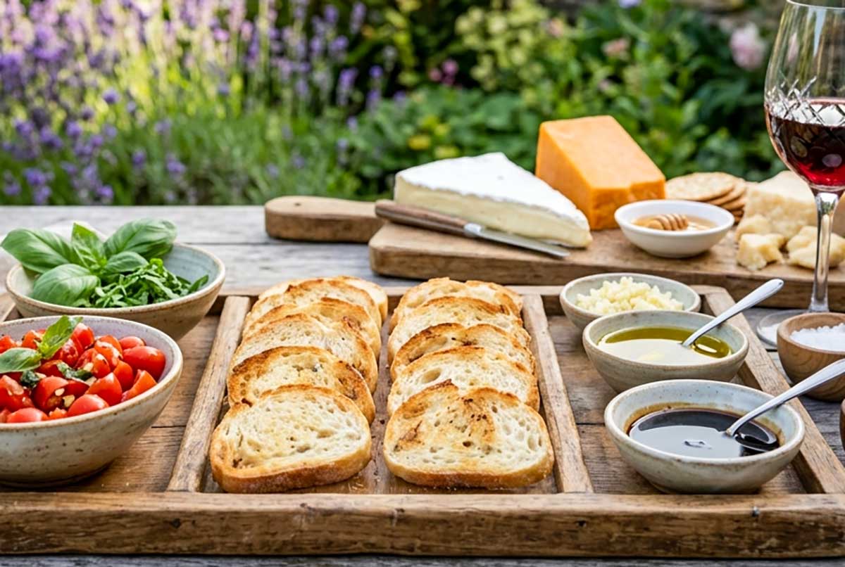toasted slices of gluten free French bread on a tray with various toppings and dippings, cheese in the background
