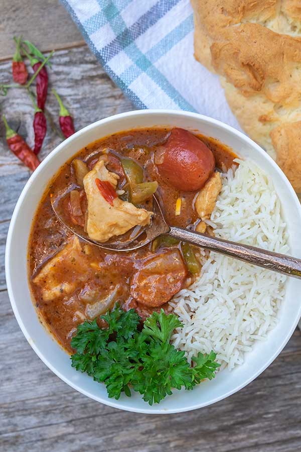 Louisiana Chicken gumbo in a bowl with rice