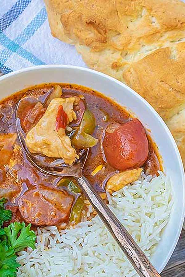 close up of chicken gumbo in a bowl