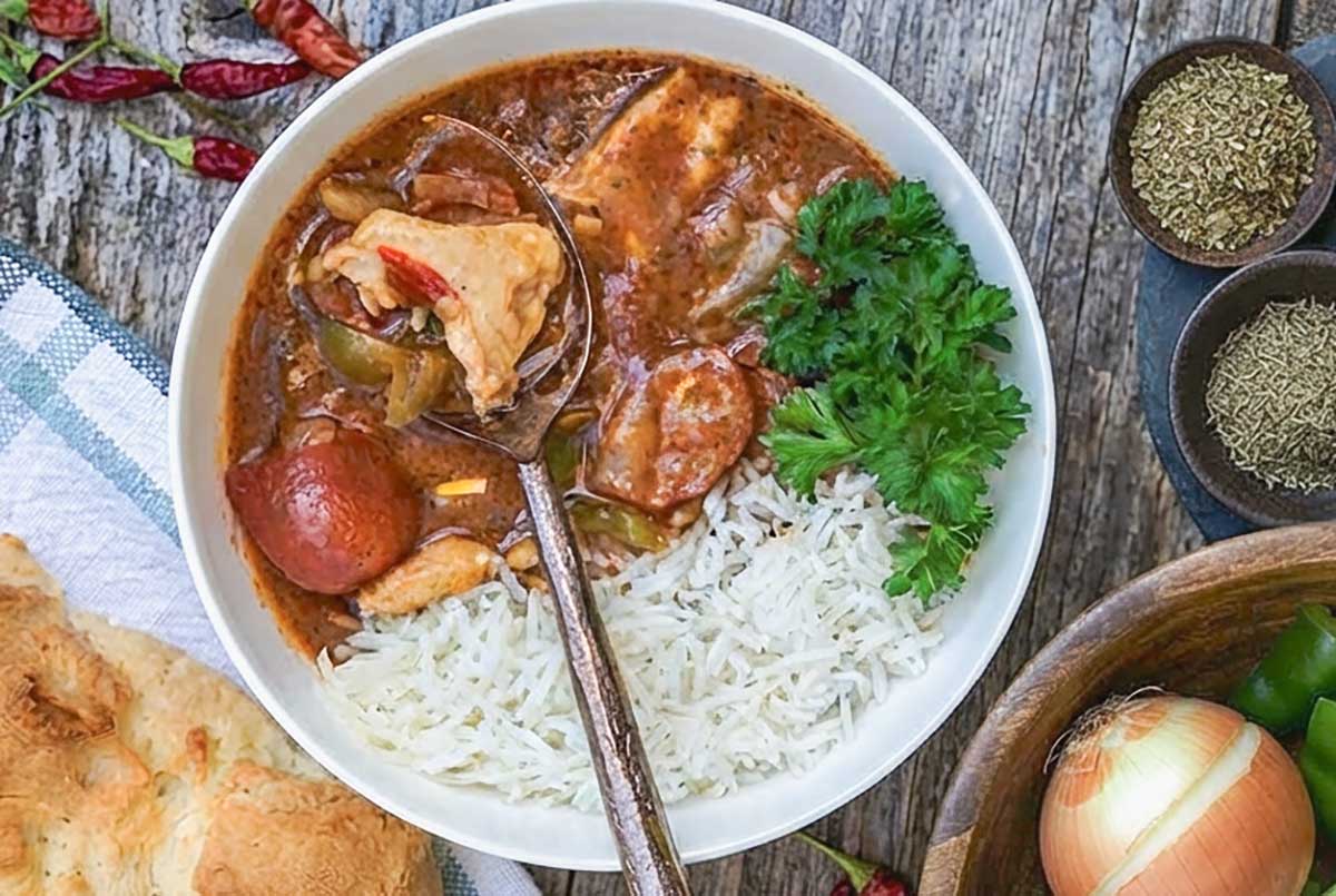 Thick Gluten-Free Louisiana Chicken Gumbo in a bowl
