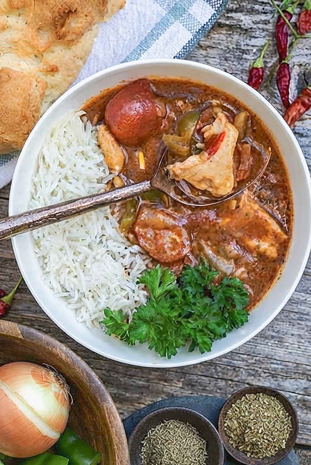 Gluten-Free Louisiana Chicken Gumbo in a bowl with a side of rice