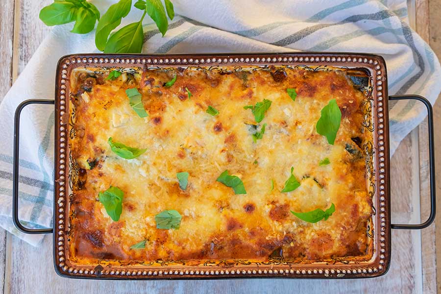 zucchini ziti in a casserole dish, gluten free