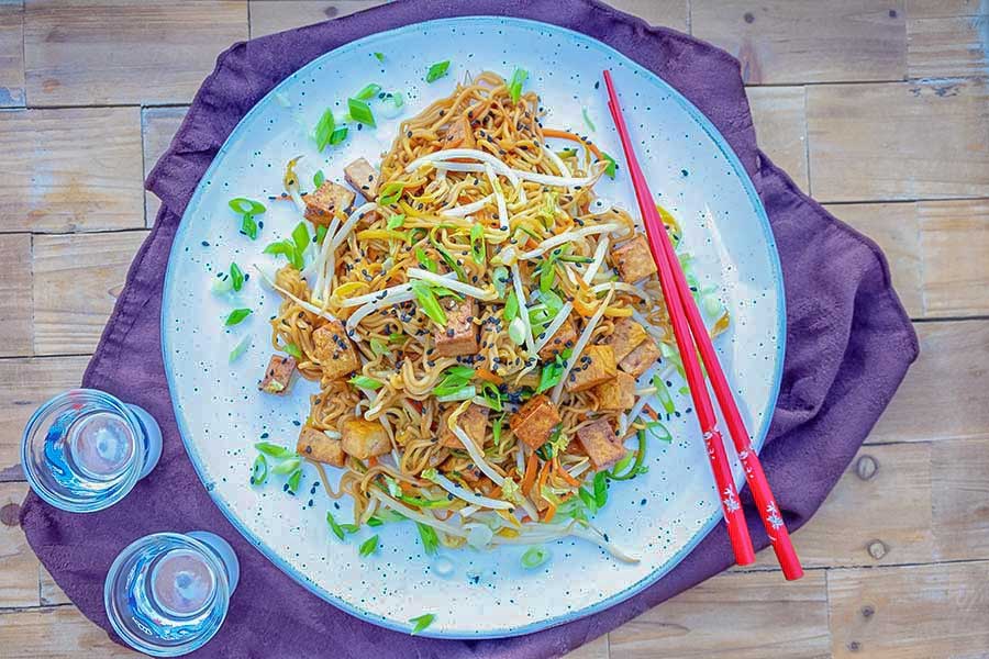 gluten free vegan chow mein on a plate