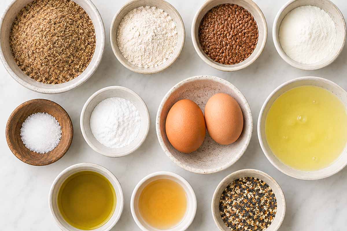 Ingredients in bowls for Gluten-Free Flax Bread, flour blend, flaxseed, yeast, eggs, baking powder, olive oil, apple cider vinegar, xanthan gum