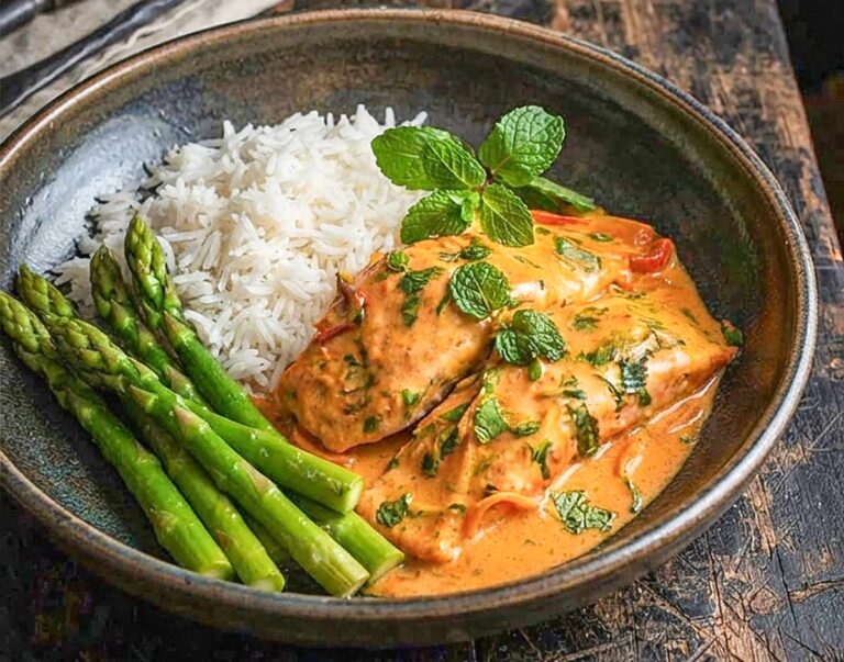 Salmon in Thai Coconut Cream Sauce in a bowl with rice and steamed asparagus, gluten free