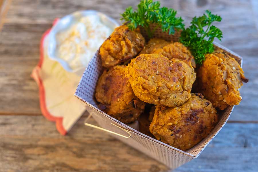 baked yam falafel, in a takeaway box, gluten free