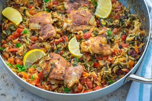 moroccan chicken rice dish in a skillet