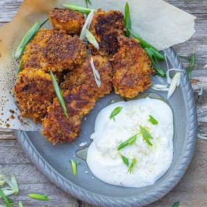 Gluten-Free Oven Fried Cajun Popcorn Chicken with Creamy Feta Sauce