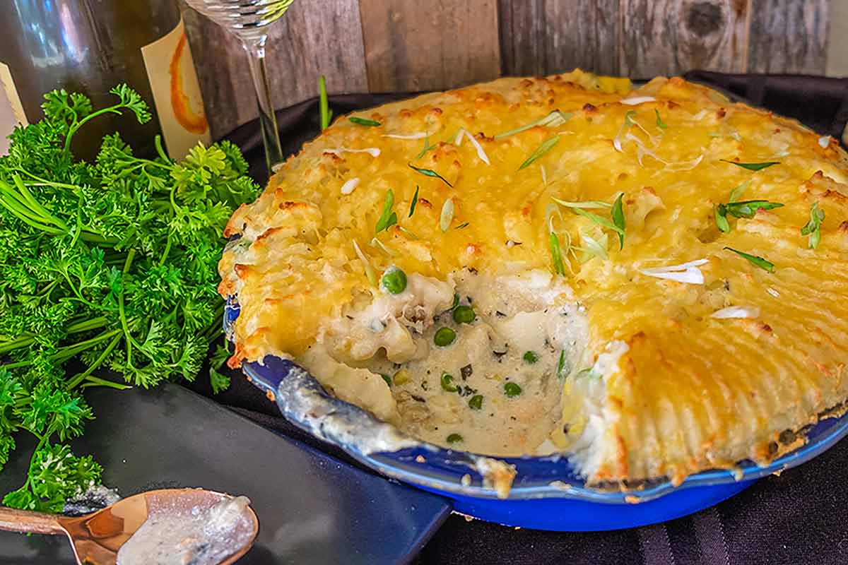 close up of fish pie in a pie dish