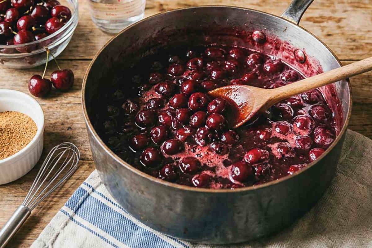 skillet filled with hot cherry pie filling and a wooden spoon