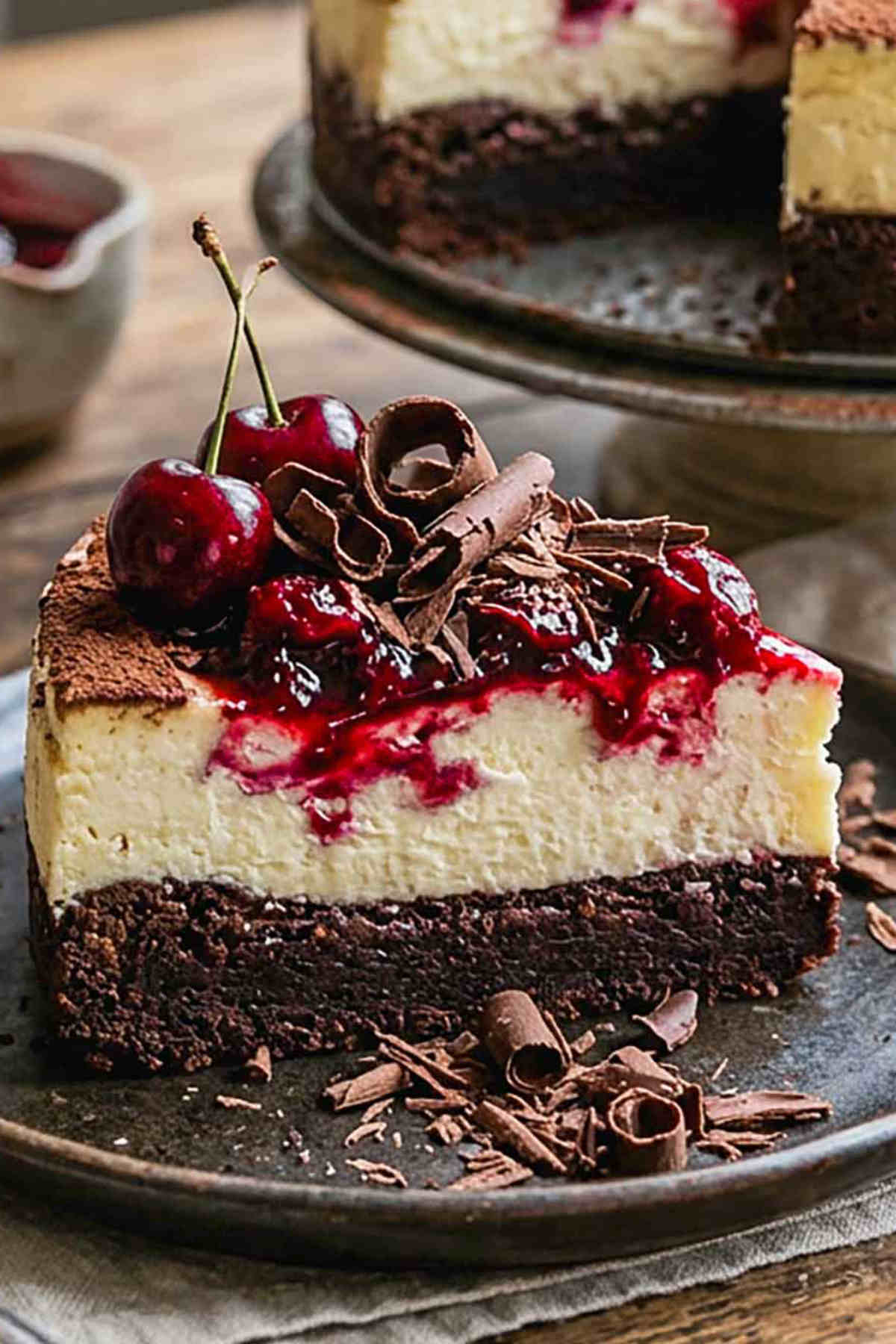 slice of 3 layer gluten free Black Forest cheesecake topped with cherries