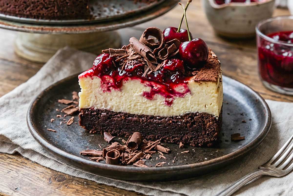 close up of Black Forest cheesecake showing brownie crust, vanilla cheesecake and cherry pie filling on top on a dessert plate