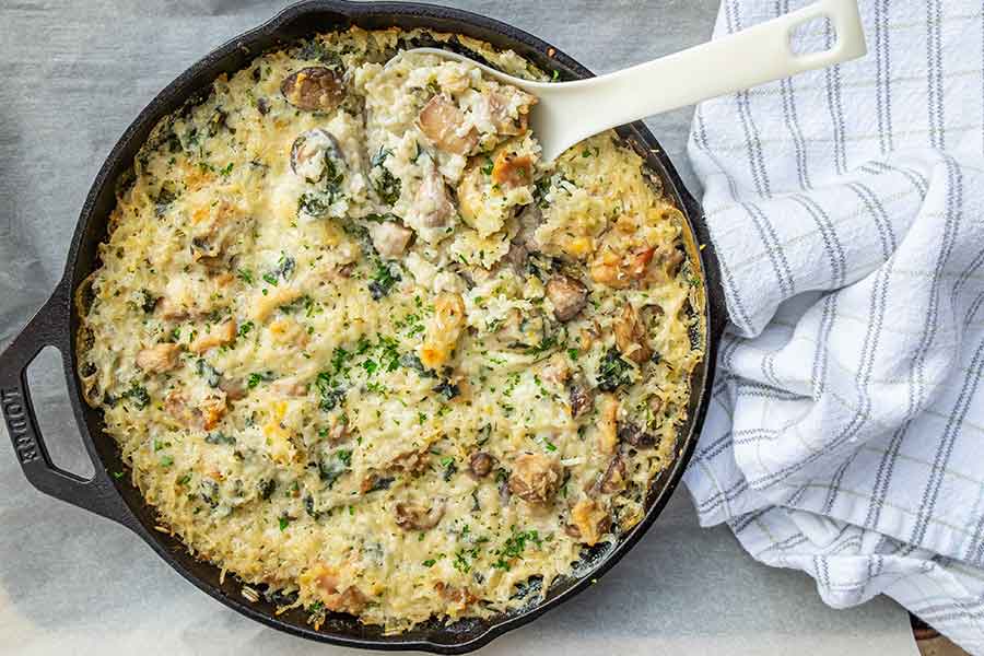 gluten-free chicken mushroom casserole in a cast iron skillet