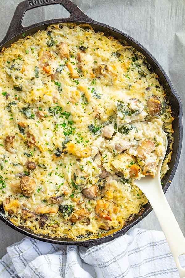 one pan chicken and creamy mushrooms casserole in a skillet