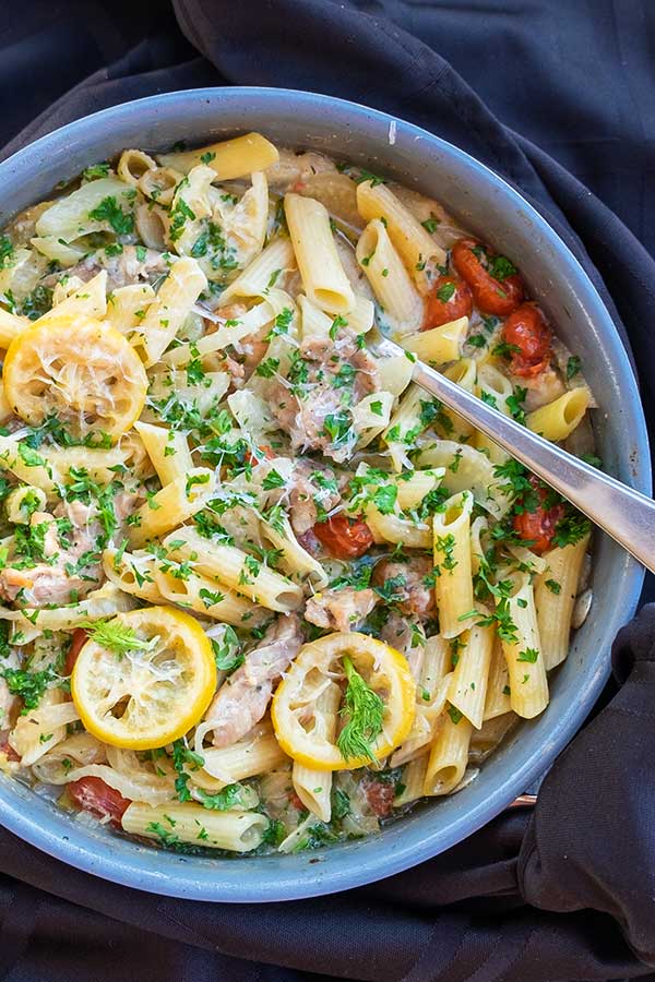 chicken fennel pasta in a skillet