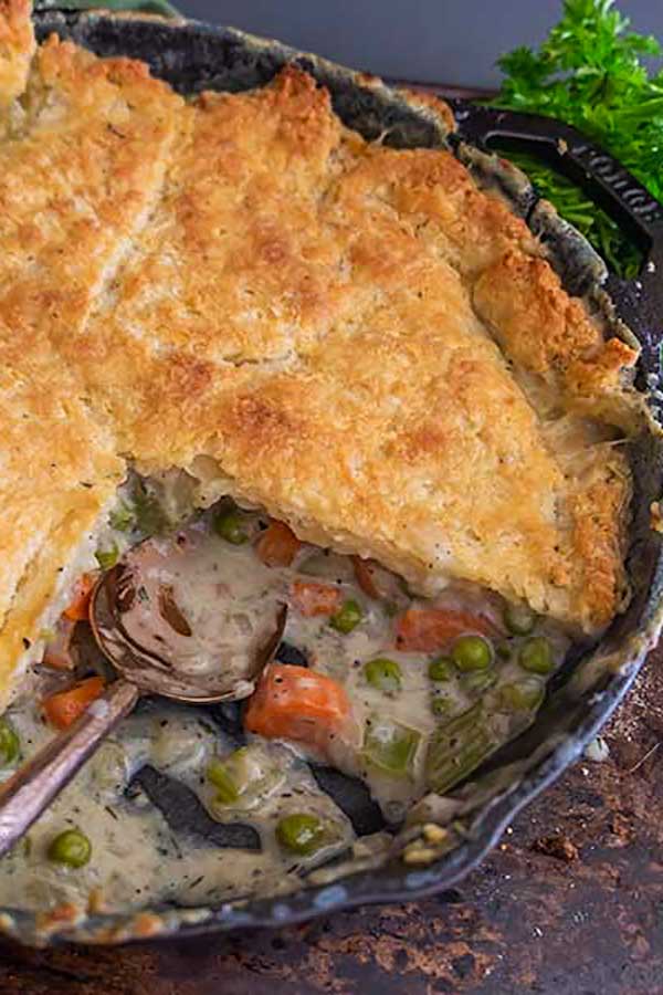 chicken pot pie in a cast iron skillet