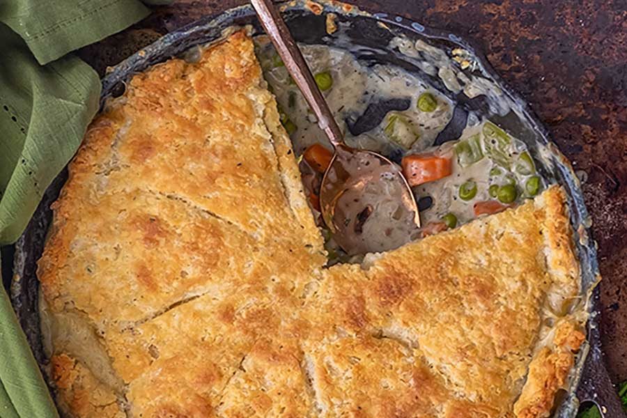 gluten-free turkey pot pie topped with pastry