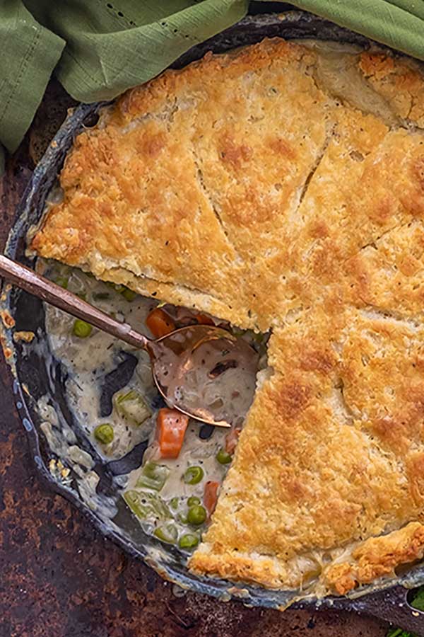 gluten-free chicken pot pie topped with pastry