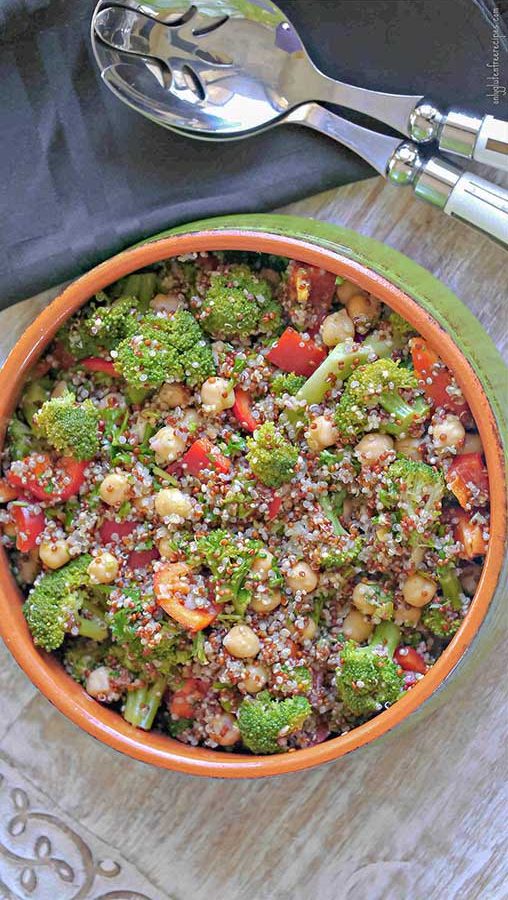broccoli quinoa and chickpea salad in a bowl