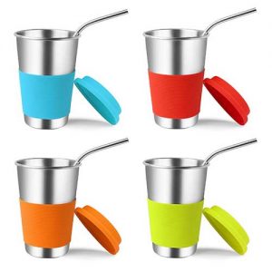 Stainless Steel Cups with Lids and Straws, Kereda 4 Pack 16 oz. Drinking Tumblers Eco-Friendly BPA-Free with Brush for Adults, Kids and Toddlers