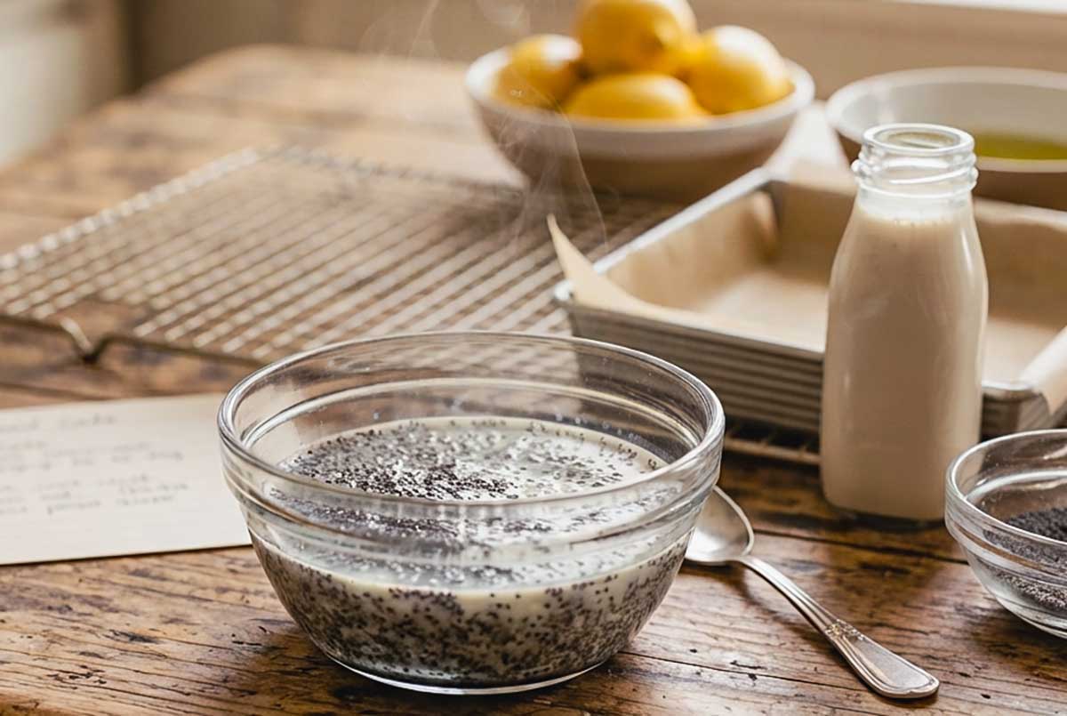 soaking poppy seeds with hot dairy-free milk in a bowl