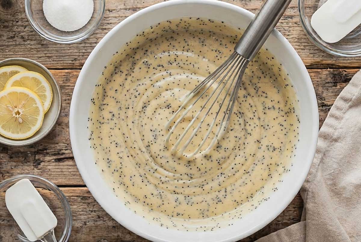 thick batter in a bowl for Gluten-Free Lemon Poppy Seed Cake