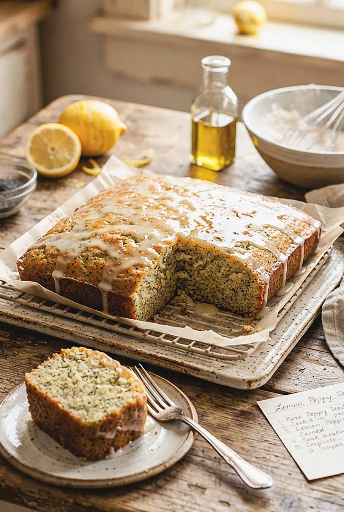 Gluten-Free Lemon Poppy Seed Cake topped with lemon glaze, grain and gluten free