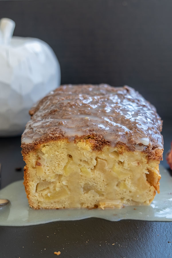 cross section of glazed Dutch Apple quick bread