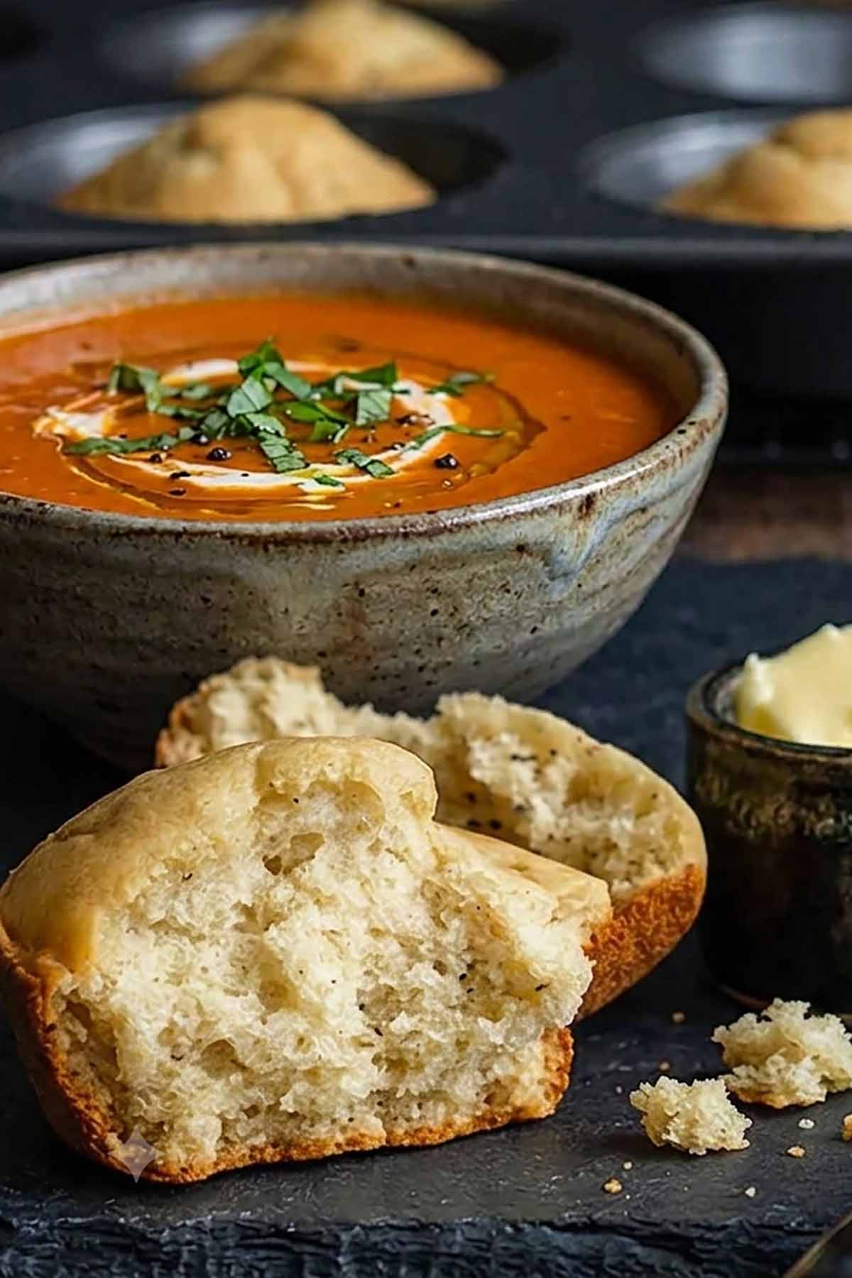  Gluten-Free Butter Roll saved with a side bowl of tomato soup