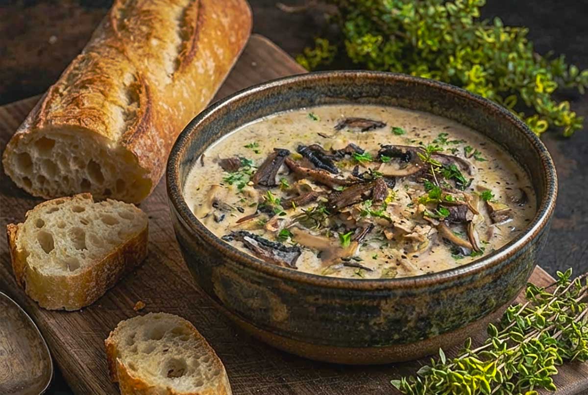 Creamy Chicken Mushroom & Wild Rice Soup with Parmesan in a bowl