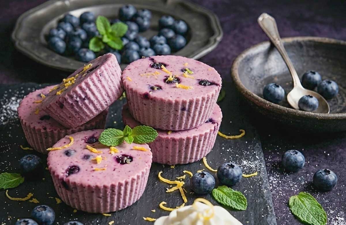 stacked frozen no bake keto mini blueberry cheesecakes