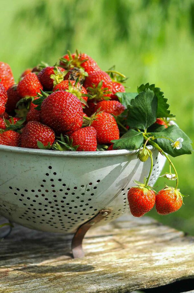 strawberries in a colander