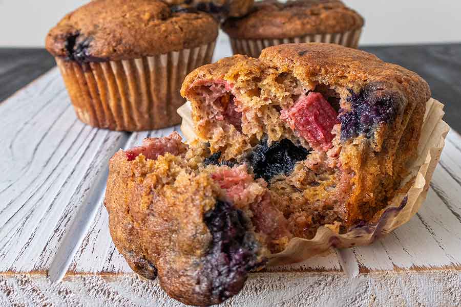 broken gluten-free blueberry rhubarb muffin
