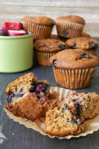 sliced blueberry rhubarb muffin, gluten-free