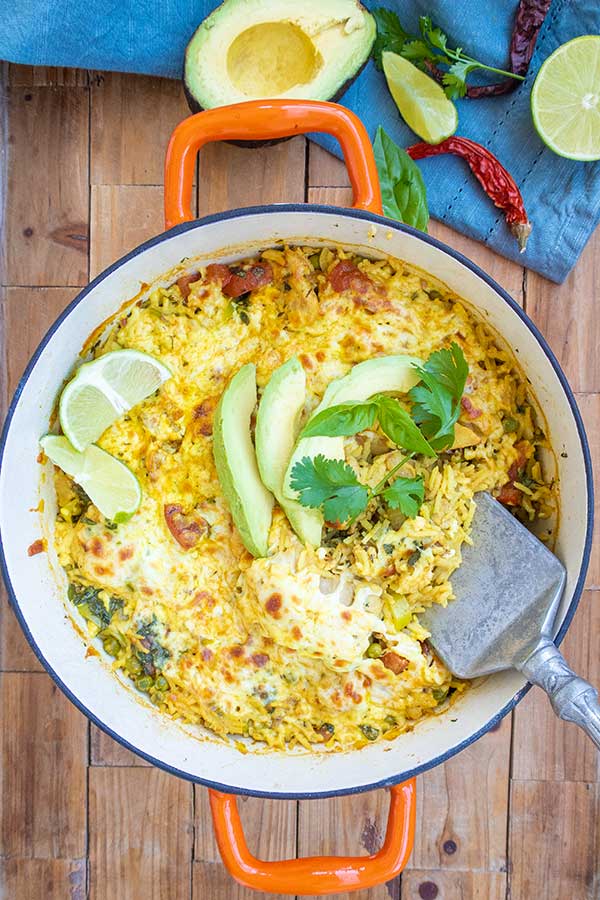 One Skillet Cheesy Brazilian Chicken Rice Bake