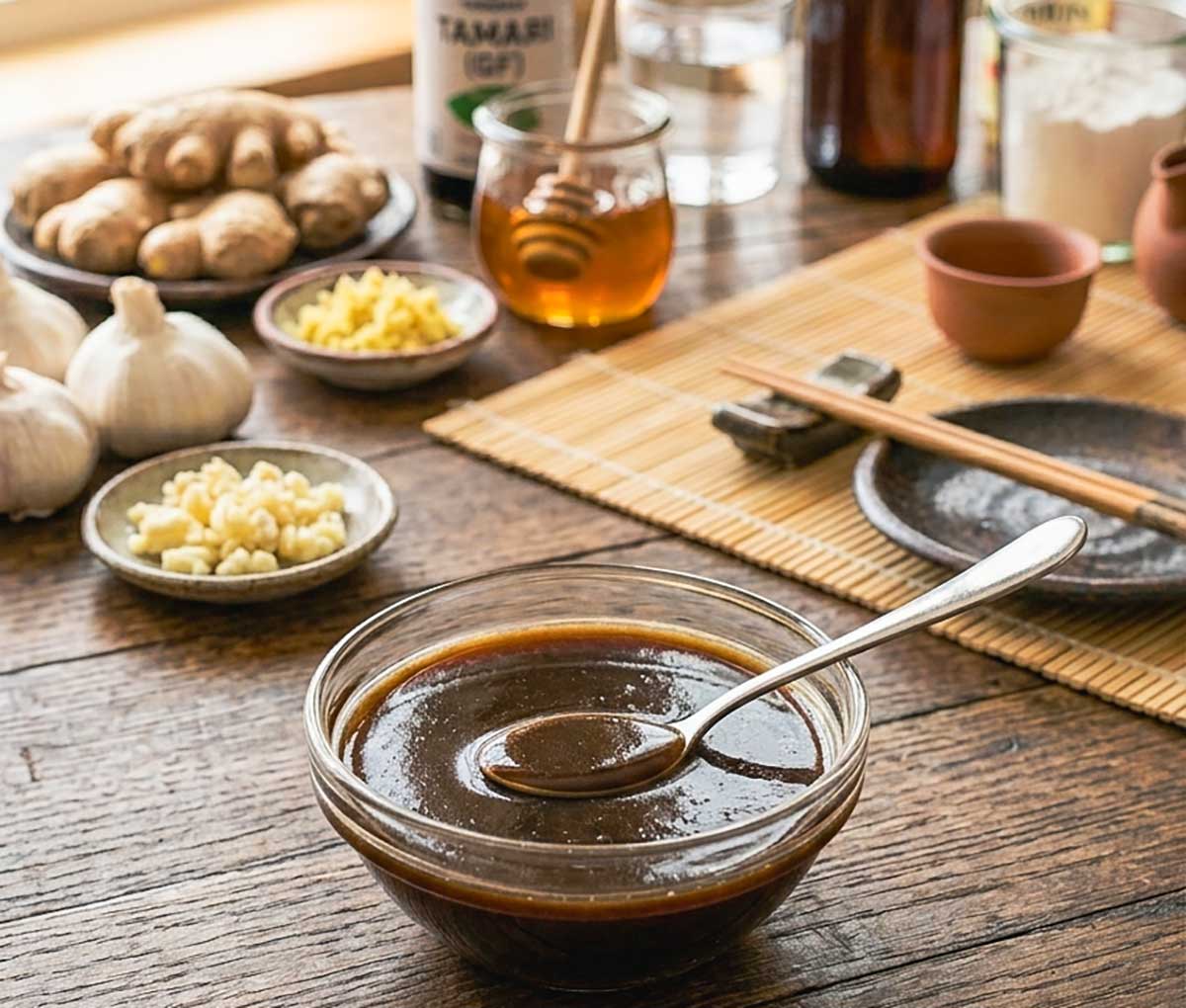 gluten free teryiaki sauce in a clear glass bowl with ginger, garlic, tamari and honey in the background