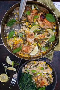 honey garlic chicken with coconut rice bake in a skillet