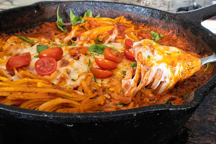 gluten-free pasta bake in a skillet casserole