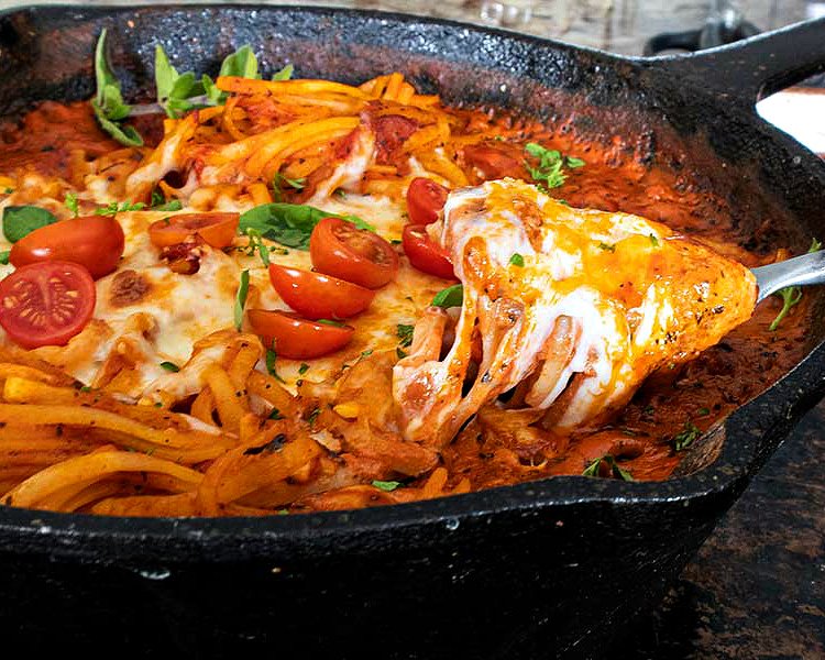 one pot creamy tomato pasta bake in a skillet, gluten free