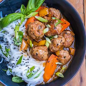 Sweet and Sour Meatballs with Sesame Noodles
