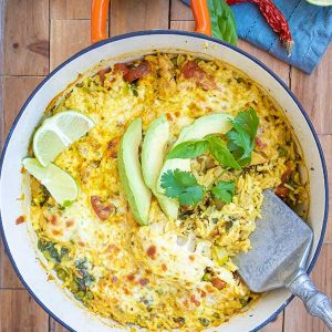 One Skillet Cheesy Brazilian Chicken Rice Bake