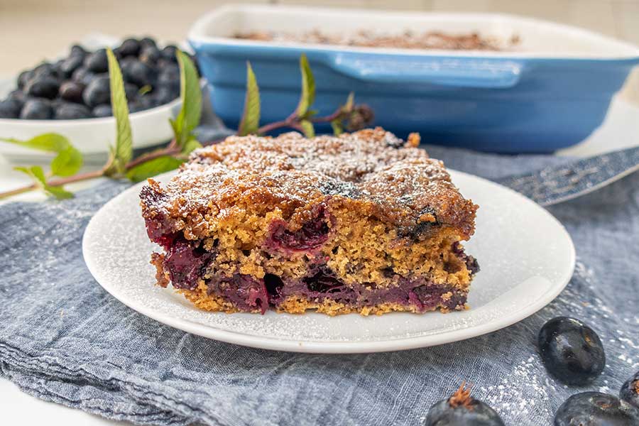 slice of blueberry buckle cake