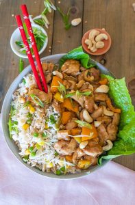 gluten free Kung Pao Chicken with fried rice in a bowl