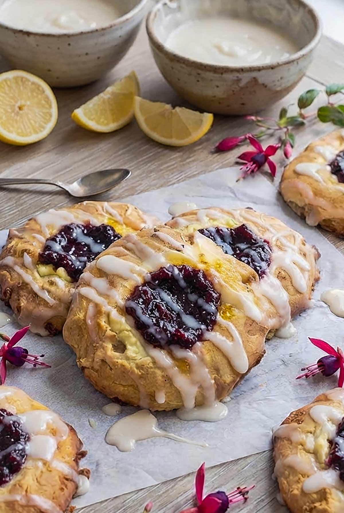 gluten free cheese danish with raspberry jam and lemon glaze