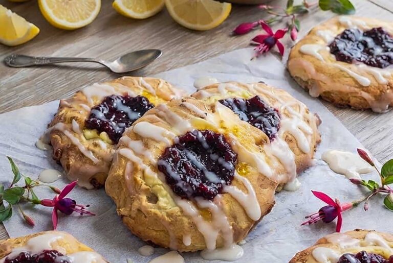 Soft and flaky Gluten-Free Cheese Danish Pasty with Raspberry jam and lemon glaze