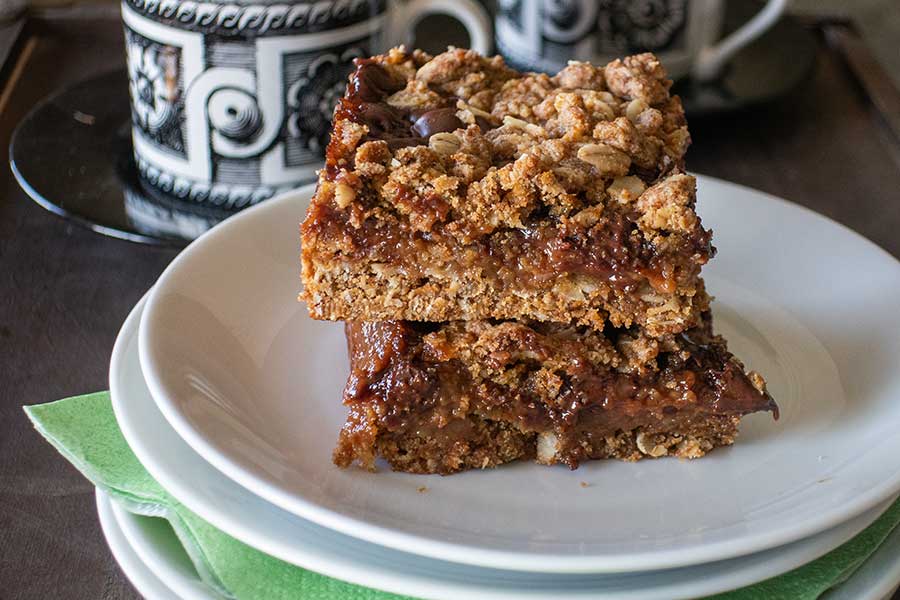 egg free chocolate mocha oat bars stacked on a plate