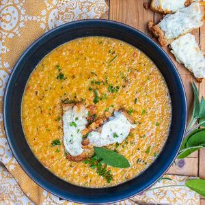 Easiest Roasted Vegetable Soup with Cheese Crostini