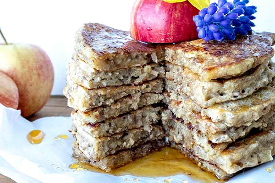 stacked oatmeal pancakes on a plate, gluten free