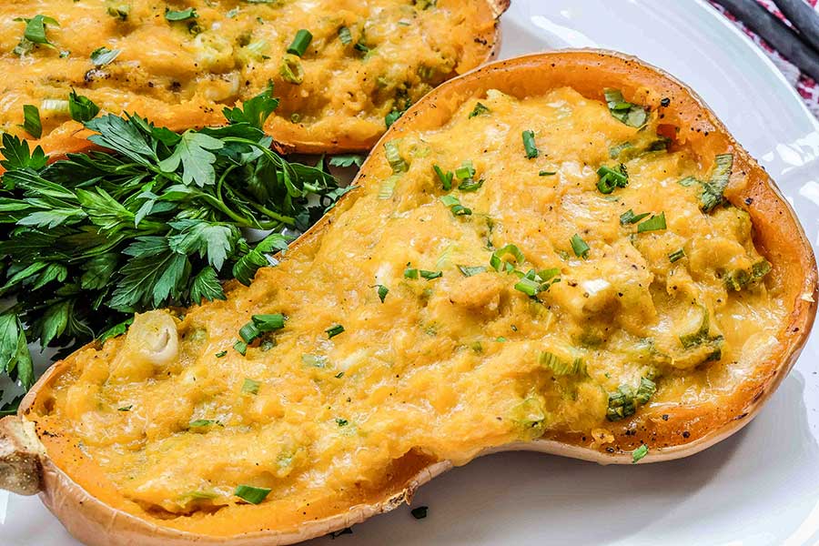 double stuffed butternut squash, a vegetarian recipe