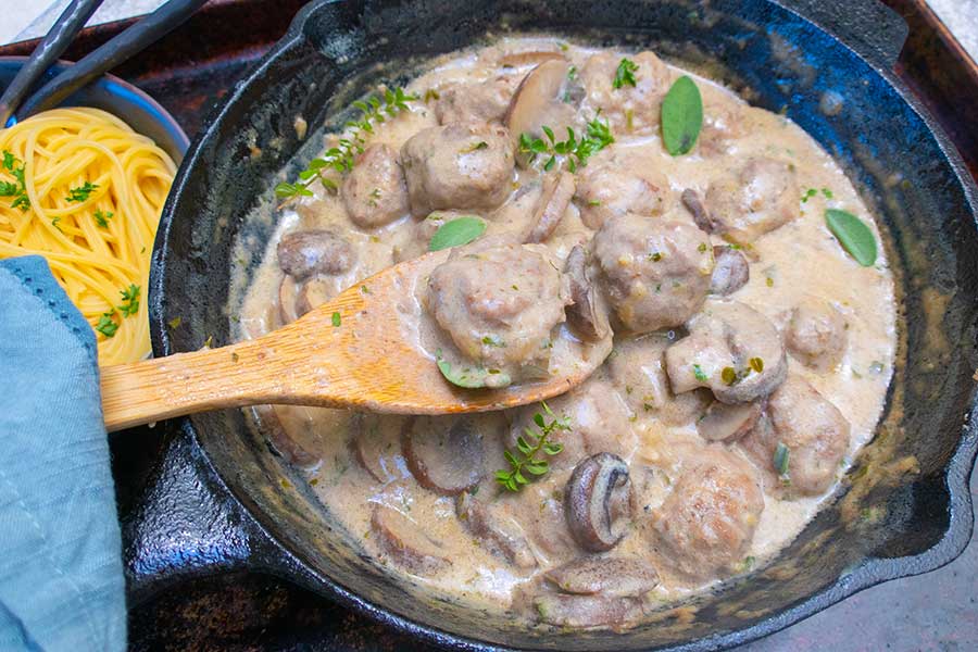 meatballs stroganoff in a skillet